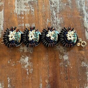 J.Crew Pearl Blue Black Beaded Floral Chunky Statement Bracelet VTG